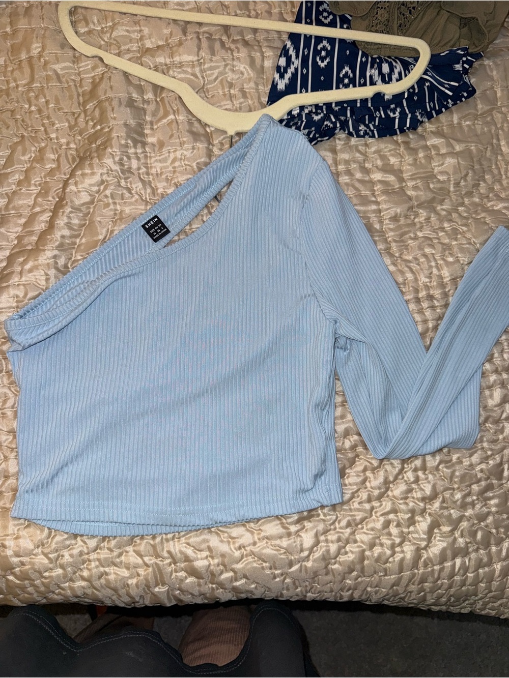 Light Blue One-Shoulder Ribbed Long-Sleeve Top